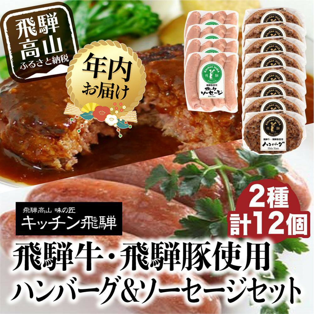 【ふるさと納税】【年内配送が選べる】キッチン飛騨 飛騨牛・飛騨豚使用ハンバーグ ＆ ソーセージセット（2種合計12個）| 発送時期が選べる 年内発送 レトルト ハンバーグ ソーセージ 惣菜 飛騨牛 豚 肉 飛騨高山 飛騨ハム CQ023VP