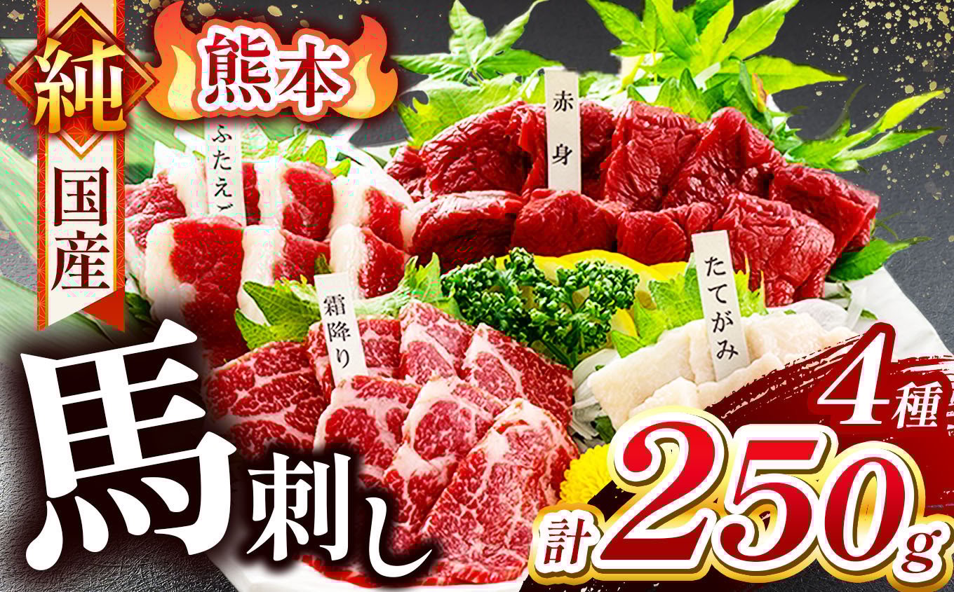 
            純 国産 熊本 馬刺し 4種類 250g | 肉 にく お肉 おにく 馬 馬刺 赤身 霜降り ふたえご たてがみ 小分け 専用タレ 熊本県 玉名市
          