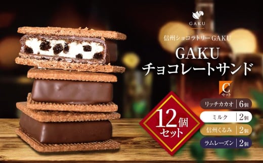 【信州ショコラトリーGAKU】GAKUチョコレートサンド12個セット（リッチカカオ6個・ミルク2個・信州くるみ2個・ラムレーズン2個） │ ふるさと納税 信州 長野県 松本市 お菓子 おかし 甘い チョコ チョコレート サンド カカオ スイーツ デザート