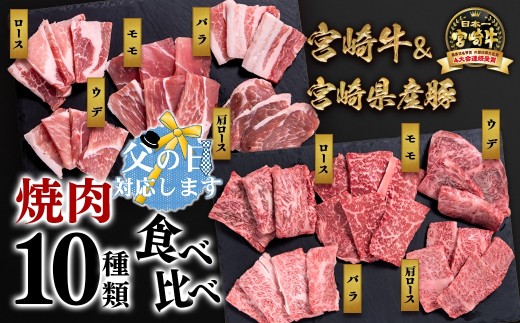 【父の日ギフト】宮崎牛＆宮崎県産豚肉 焼肉10種盛り 食べ比べセット計600g 宮崎牛4等級以上 国産牛 豚肉  ブランド牛 ミヤチク 内閣総理大臣賞4連覇＜1.2-68＞47-3b