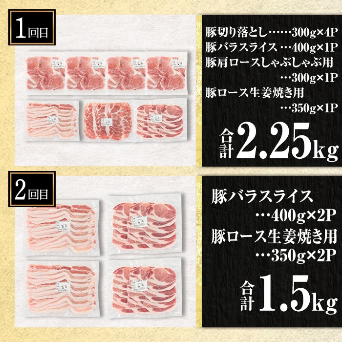 isa646 【定期便3回】豚肉食べ比べ定期便B(合計6.15kg) 国産 切り落とし バラスライス 肩ロース ロース しゃぶしゃぶ 生姜焼き 真空包装 真空パック 小分け ぶたにく 豚 肉 詰合せ 詰め合わせ 冷凍 【サンキョーミート株式会社】