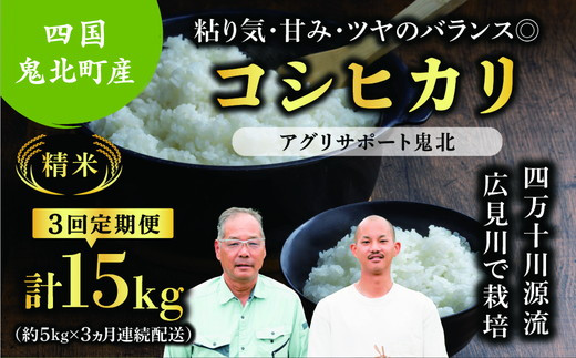 
                  【先行予約】【令和8年度産新米】【3か月定期便】コシヒカリ 約15kg（約5kg×3回)（精米済み） | 精米 お米 米 白米 人気 ランキング 愛媛県 鬼北町 四国 国産 アグリサポート鬼北 ※離島への配送不可 ※2026年9月上旬～12月下旬頃に順次発送予定
                