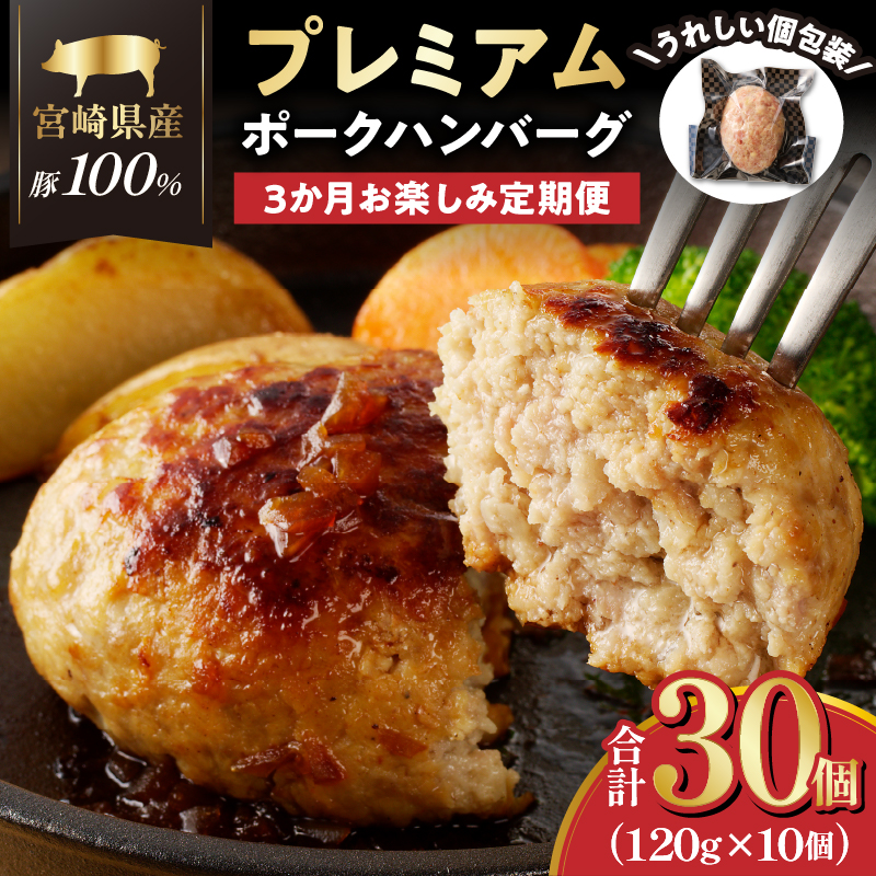 ≪3か月お楽しみ定期便≫宮崎県産豚プレミアムハンバーグ(合計30個) _T001-017 【肉 豚肉 加工品 国産 人気 ギフト 食品 おかず 自家製 お土産 贈り物 送料無料 プレゼント】