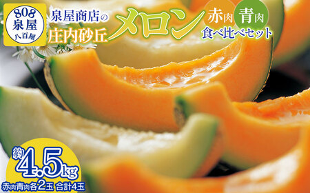 【令和8年産先行予約】泉屋商店の庄内砂丘メロン 赤肉・青肉 食べ比べセット　4玉入 (約4.5kg)　K-839