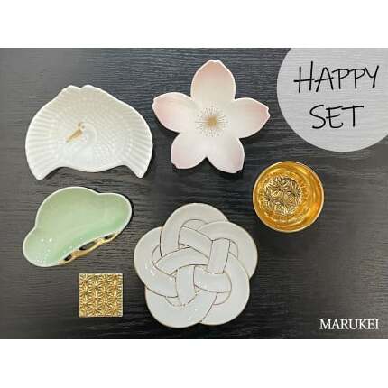 有田焼 HAPPYSET 6点【丸兄商社】食器 器 うつわ 陶磁器 食器セット セット 皿 小皿 小付 小鉢 ぐい呑み 箸置 梅 松 鶴 麻の葉 縁起物 華やか お祝い お正月 ハレの日 A50-30