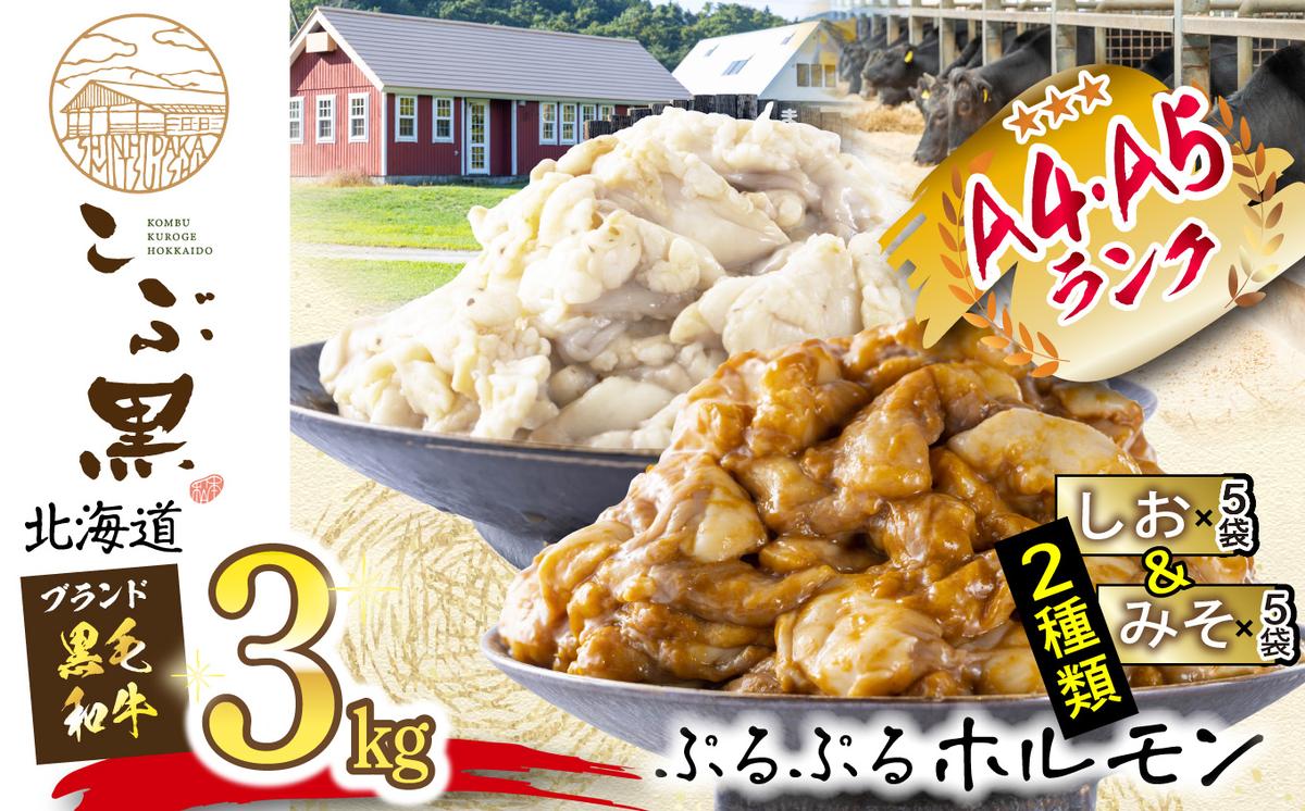 北海道産 黒毛和牛 こぶ黒 和牛 しお ＆ みそ ホルモン 計 3kg ( 各 300g × 5 パック )