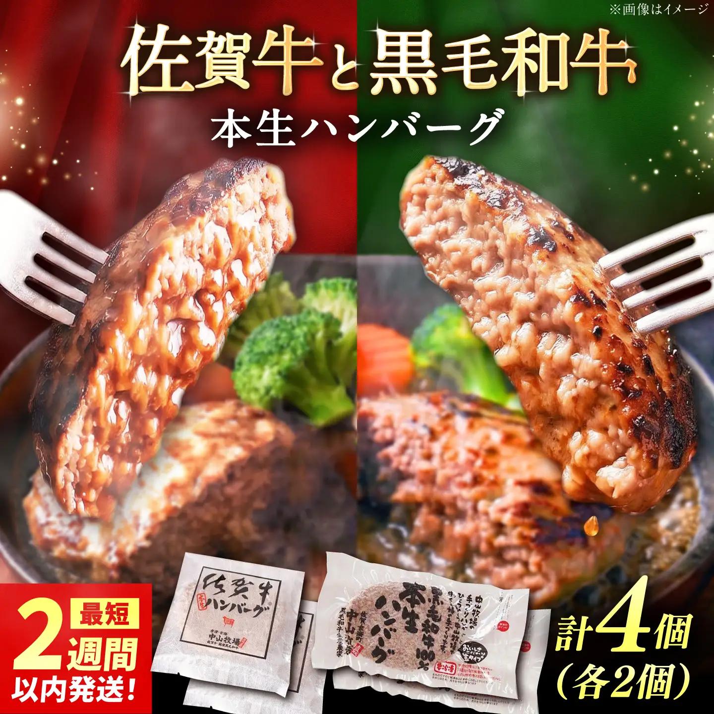 佐賀牛本生ハンバーグと国産黒毛和牛本生ハンバーグ 2種食べ比べセット 計4個（2種×2個）ハンバーグ / 佐賀県 / 株式会社中山牧場 [41AOCW003]