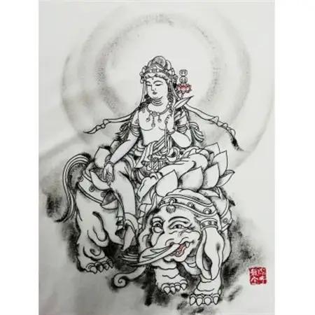 手描きTシャツ 仏画 普賢菩薩 白 (半袖 Lサイズ)【1615106】