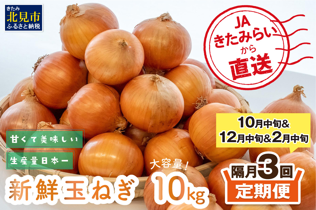 【隔月3回(10月・12月・2月)定期便】JAきたみらいから直送する新鮮玉ねぎ 10kg L玉 ( 野菜 定期便 玉葱 たまねぎ 期間限定 )【999-0147-2026】