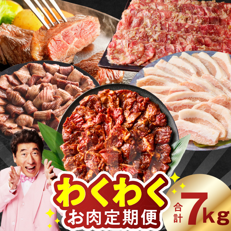 わくわくお肉定期便 全6回 合計7kg【ハラミ 牛たん 豚トロ 焼肉 BBQ やきにく ファミリー 定期便】 G4752