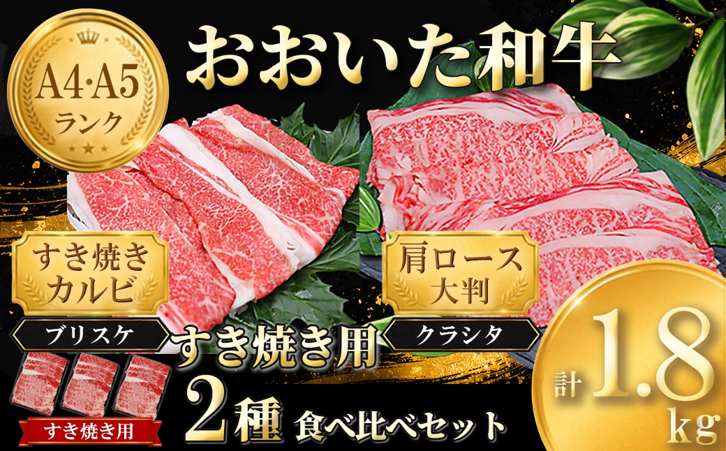 
                  おおいた和牛 すき焼き用2種セット 計1.8kg（クラシタロース・ブリスケスライス） ／ 牛肉 すき焼き 牛 和牛 黒毛和牛 スキヤキ すきやき おすすめ 国産カルビ 2種  食べ比べ 鍋 霜降り肩ロース すき焼きセット すき焼き用牛肉 すき焼き肉 赤身 すき焼き用 しゃぶしゃぶ用 鍋 おおいた和牛 ＜102-303＞
                