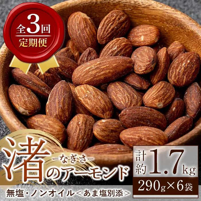 No.1035-C ＜定期便・連続3回＞渚のアーモンド(計1.74kg・290g×6袋) ナッツ おつまみ 無塩 ノンオイル 国内製造 アーモンド 常温 常温発送【末永商店】