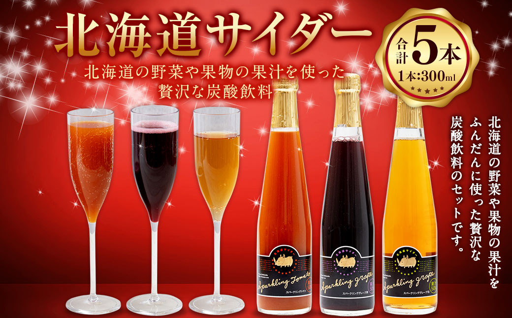 
            北海道サイダー 5本 セット 3種 各300ml | 飲料 ドリンク スパークリング トマト グレープ 炭酸 北海道産
          