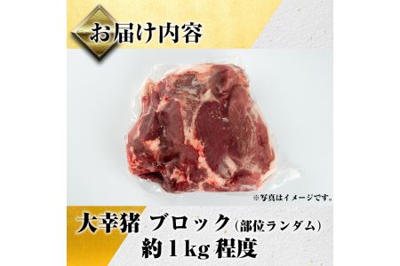 i335《毎月数量限定》鹿児島県出水市産大幸猪肉のブロック＜部位ランダム・約1kg＞自宅でジビエ料理！牡丹鍋やカレー、BBQでも活躍！高タンパク・低カロリーで亜鉛・ビタミンB群が豊富なので健康に気を付