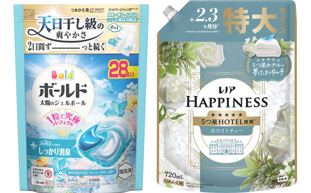 
                  ボールド ジェルボール 4D 爽やかおひさまとフレッシュサボンの香り & レノア ハピネス ホワイトティーの香りつめかえ用
                