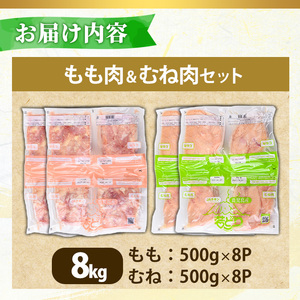 No.1359-D 鹿児島県産若鶏もも肉・むね肉(計約8kg・もも8P/むね8P) 国産 九州産 鹿児島県産 鶏肉 若鶏 とり肉 もも肉 モモ肉 むね肉 ムネ肉 小分け 肉 冷凍 おかず お弁当 おつ
