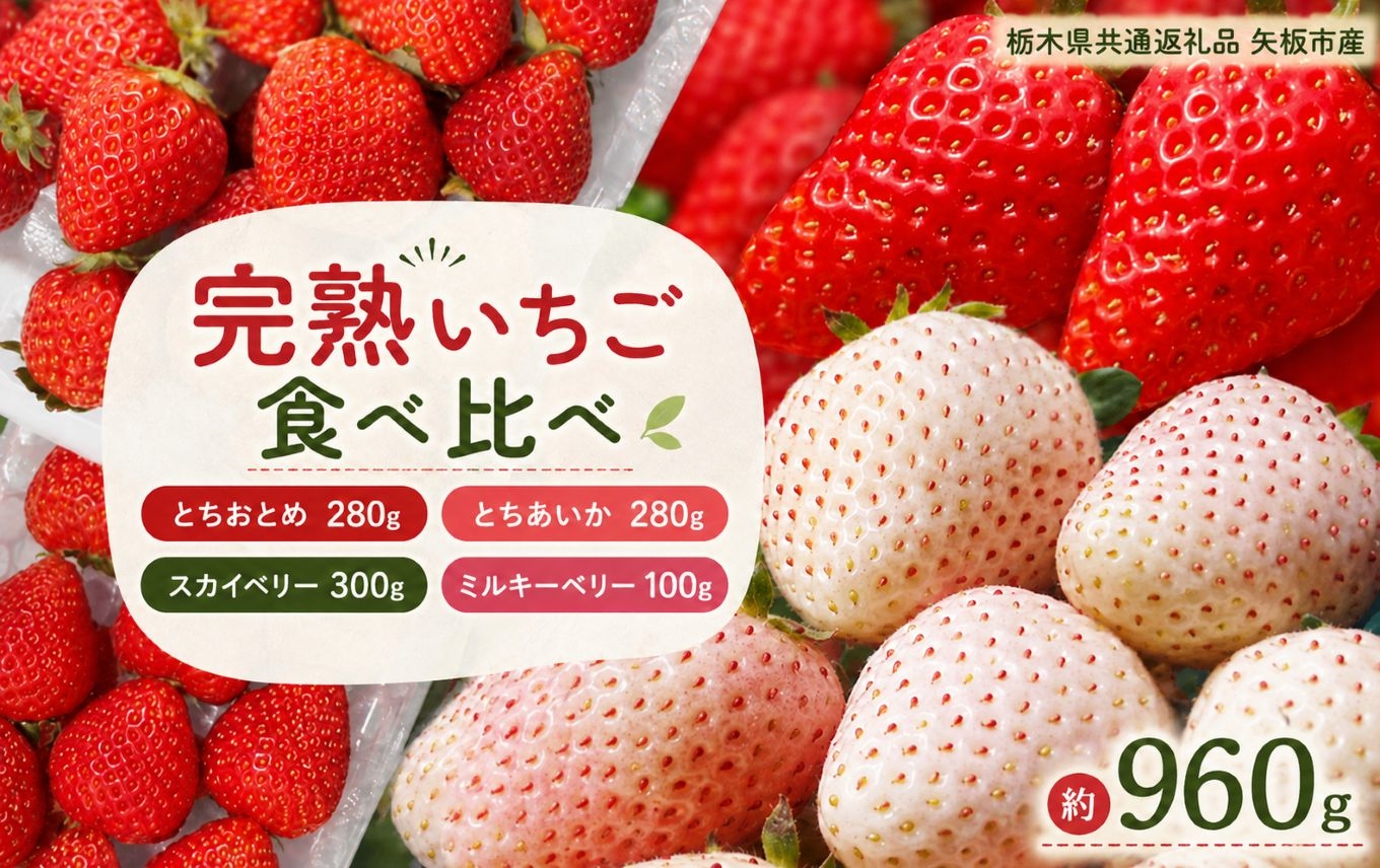 
                  いちご4品種 食べ比べセット 960g （とちあいか・とちおとめ・ミルキーベリー・ スカイベリー）栃木県共通返礼品 矢板市産 いちご 果物 フルーツ 栃木県下野市
                