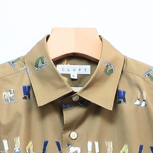 CLOFT 綿100％長袖プリントシャツ”自由に歩こう”犬と散歩柄（C/＃34モカ）XL 0139-021-S07-6