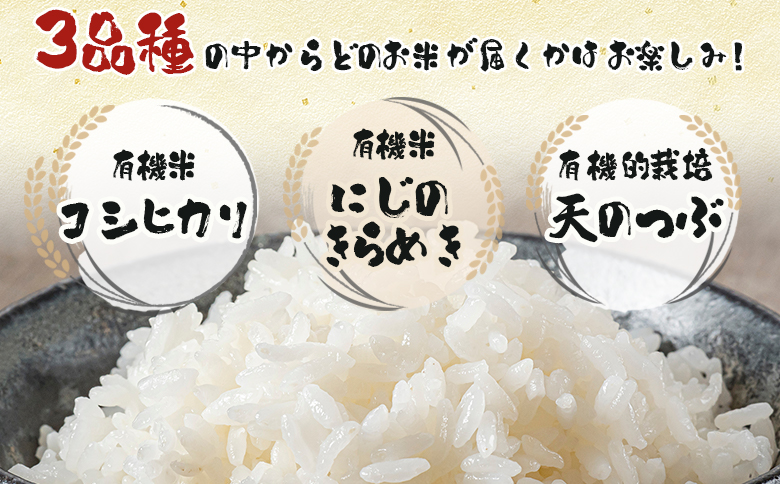 【定期便】3品種からどれが届くかはお楽しみ！5kg×3回（有機米/コシヒカリ・にじのきらめき、有機的栽培天のつぶ）【70011】