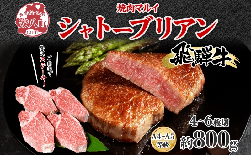 飛騨牛 シャトーブリアン ステーキ 約800g 4～6枚切り 肉 牛肉 和牛 ブランド牛 お肉 ビーフ ヒレ 希少部位 赤身 贅沢 国産 お取り寄せ ご褒美 豪華 グルメ 焼肉 BBQ パーティー ギフト 贈り物 自家用 贈答用 送料無料 焼肉マルイ 岐阜県 【 安八町 】