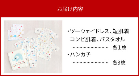 出産準備お祝い５点セット（ぞうさん）_Sb012_出産 準備 お祝い 5点 セット ギフト 贈り物 プレゼント かわいい ぞうさん柄 ガーゼ ツーウェイドレス 短肌着 コンビ肌着 バスタオル ハンカチ