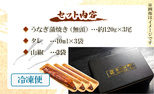 うなぎ蒲焼き 3尾(合計約360g)(無頭) - 送料無料 鰻 ウナギ 魚介 晩ご飯 夕飯 おかず おつまみ スタミナ 敬老の日 ギフト 贈答 贈り物 丑の日 うなぎ屋きた本 高知県 香南市 冷凍 u