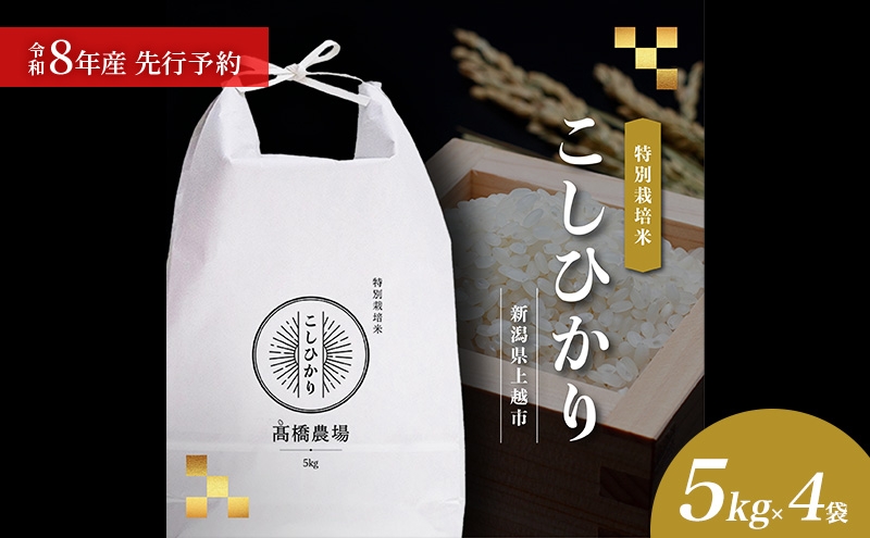 
                  先行予約 令和8年産 新潟県上越市産 特別栽培米 コシヒカリ  20kg（5kg×4袋）ご飯 おにぎり
                