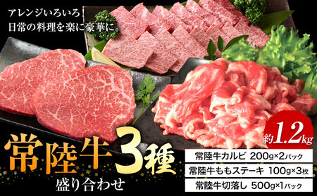 常陸牛 3種 盛り合わせ カルビ ももステーキ 切り落し (茨城県共通返礼品：茨城県産) ワークミート《30日以内に出荷予定(土日祝除く)》茨城県 河内町 常陸牛 和牛 焼肉 ステーキ もも肉 切り落とし 牛肉 牛