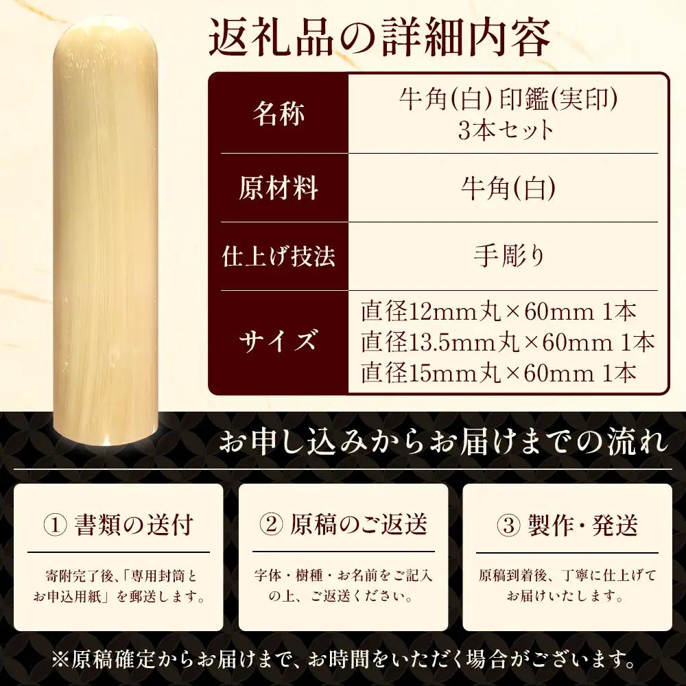 牛角（白）印鑑 実印 銀行印 認印 3本セット 各専用ケース付｜はんこ ハンコ 牛角（白）手彫り仕上げ オーダーメイド 進学 就職 結婚 御祝 贈答 印乃匠かしま 送料無料 佐賀県 鹿島市 R-12