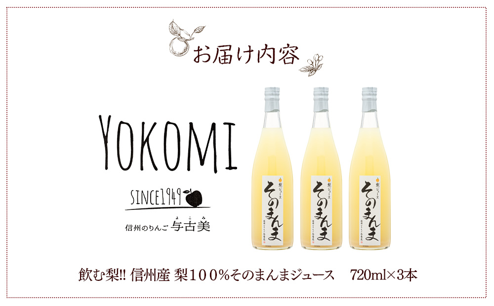 そのまんま 梨ジュース 720ml 3本 セット 詰め合わせ 100％ジュース なしジュース ジュース 梨 なし ナシ フルーツジュース 飲み物 ドリンク 長野 長野県 箕輪町