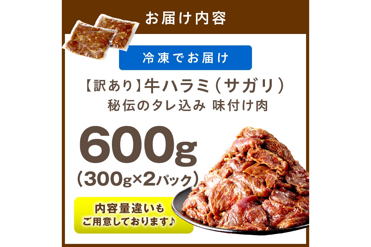 【訳あり】牛ハラミ（サガリ） 秘伝のタレ込み 味付け肉 600g（300g×2パック）　YK00677