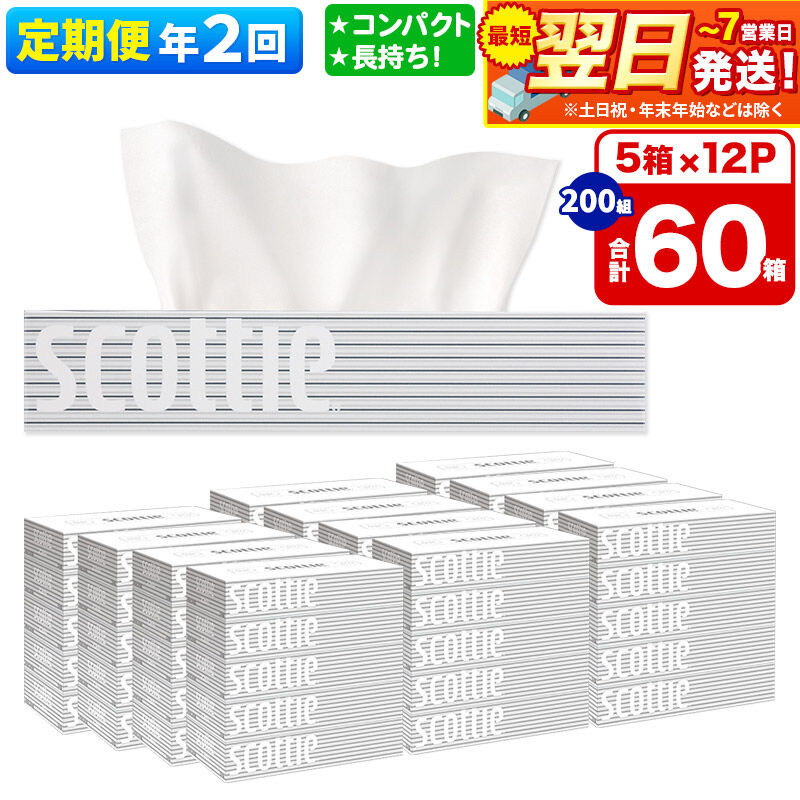 《6ヶ月ごとに2回お届け》定期便 ティッシュペーパー スコッティ 200組 60箱(5箱×12パック) ティッシュ 最短翌日発送 [ティッシュ ボックスティッシュ スコッティ(SCOTTIE) スコッティティシュー 定期便]