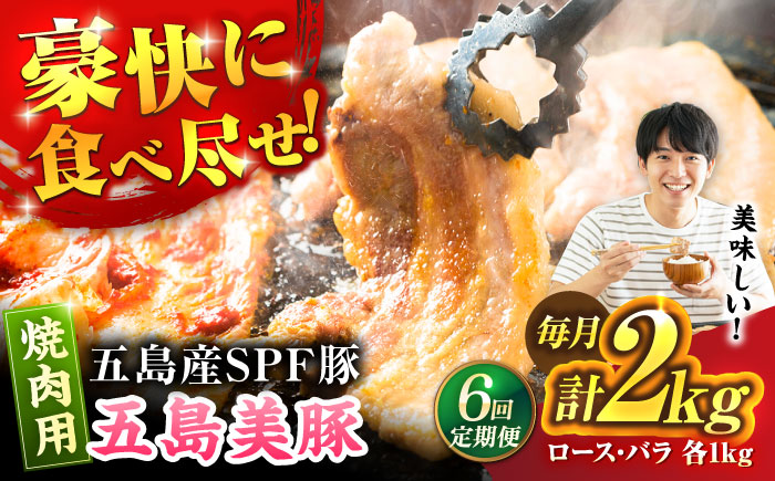 【6回定期便】五島美豚 焼肉2kg (ロース1kg/バラ1kg) 五島市/ごとう農業協同組合 [PAF055]