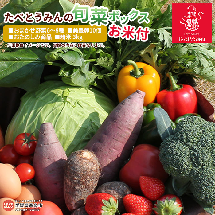 【ふるさと納税】＜たべとうみんの旬菜ボックス（おまかせ野菜6～8種 美豊卵10個 お楽しみ商品 お米3kg付き）＞ ※翌月末迄の火曜日に順次出荷します。野菜 やさい タマゴ たまご 旬 コメ お任せ 詰め合わせ 産地直送 食材 農産物 セット 愛媛県 西条市【冷蔵】