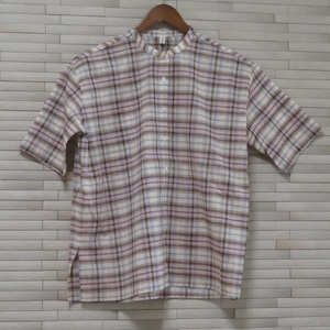 【和心衣・カゲヤマ】　和晒し仕上げの半袖ブラウス（44-40）　赤茶系・Mサイズ