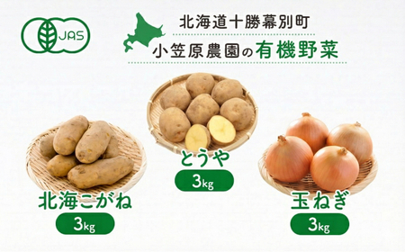 有機野菜 とうや・北海こがね・玉ねぎ 各3kgセット 秋出荷