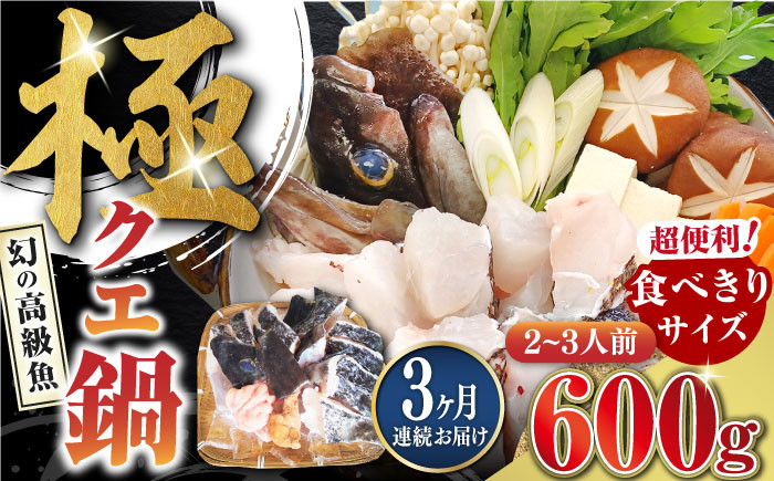 
            【全3回定期便】対馬 産 クエ 鍋 セット 600g (2～3人前)《対馬市》【対馬地域商社】九州 長崎 海鮮 [WAC033]冷凍 新鮮 くえ 鍋セット 海の幸 クエ 下処理 小分け 海産物 九州 長崎 唐揚げ からあげ 天ぷら てんぷら 煮付け クエ鍋 対馬 定期便 毎月届く
          