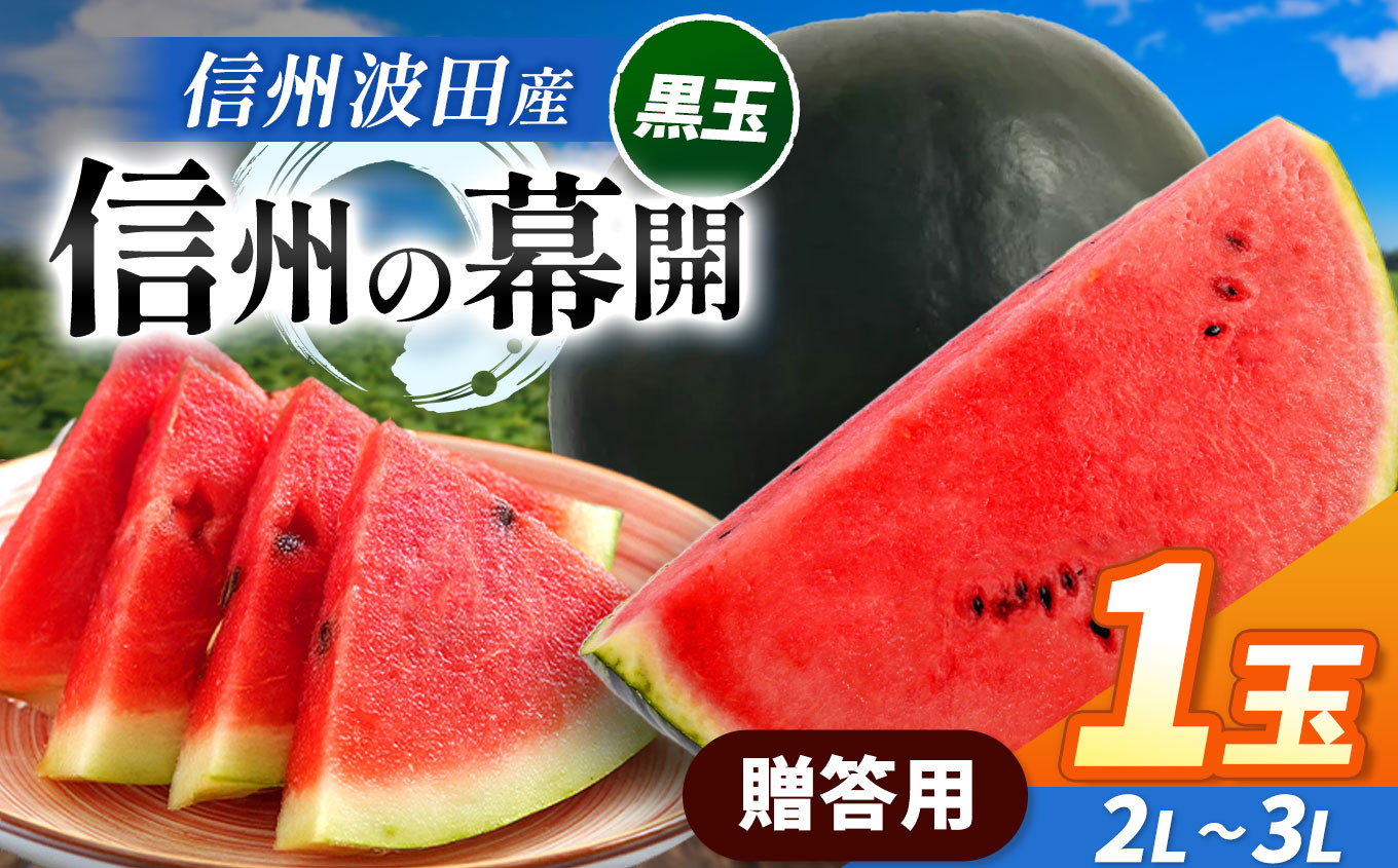 
            【先行受付：2026年7月発送】信州波田産 贈答用 黒玉スイカ！ 2L～3Lサイズ 1玉｜ふるさと納税 長野県 信州 松本 果物 フルーツ すいか 旬のスイカ 大玉スイカ シャリ感スイカ 西瓜 贈答 季節限定 甘い くだもの ふるーつ
          