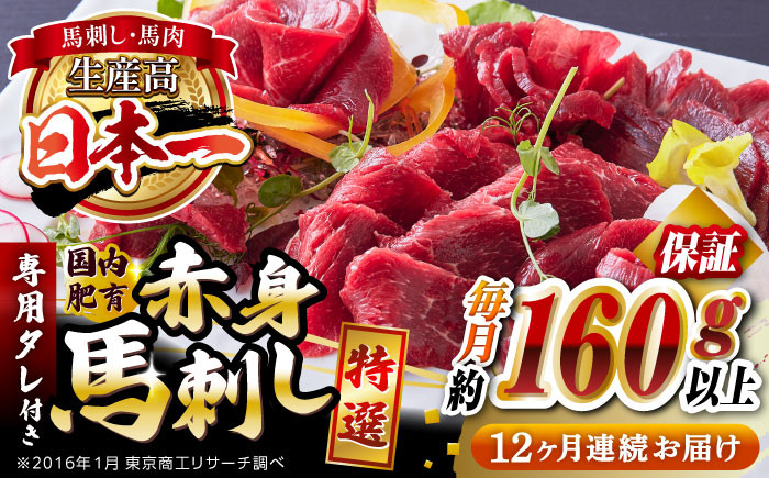 
            【全12回定期便】国内肥育 馬刺し 特選赤身 約160g以上保証 専用タレ付き 熊本 山都町 冷凍 馬肉 馬刺 ヘルシー 小分け【有限会社 丸重ミート】[YAK044] 
          