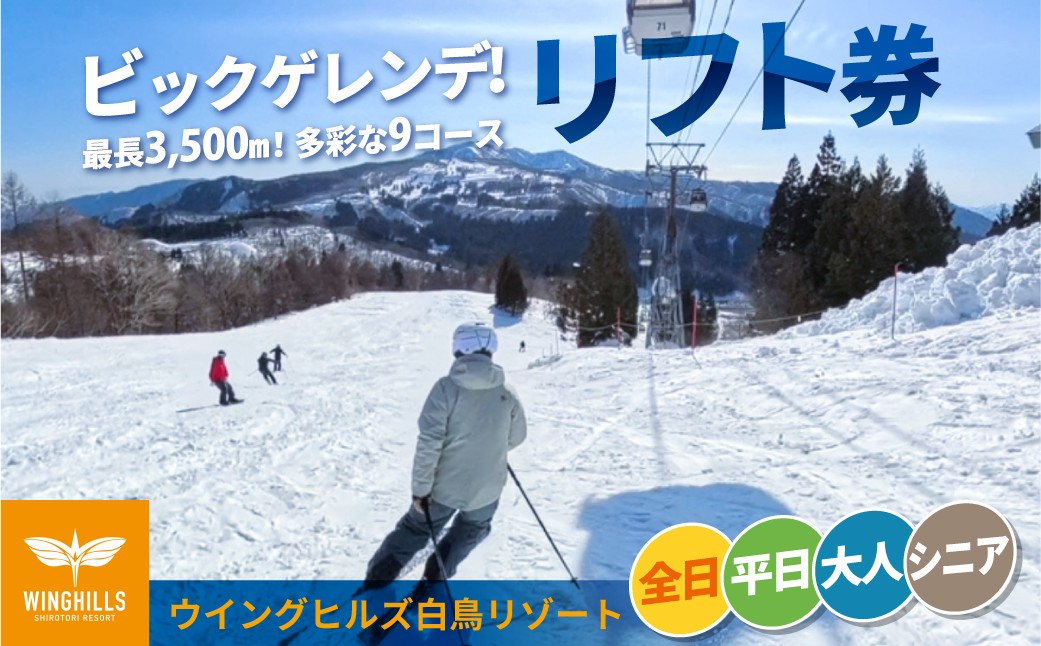 
                  ウイングヒルズ白鳥リゾート リフト券 平日 全日  大人 シニア 選べる スキー スノーボード スキー場 チケット 白鳥エリア スポーツ 岐阜県 チケット スキーチケット 近畿・中部 スキーチケット 中部
                