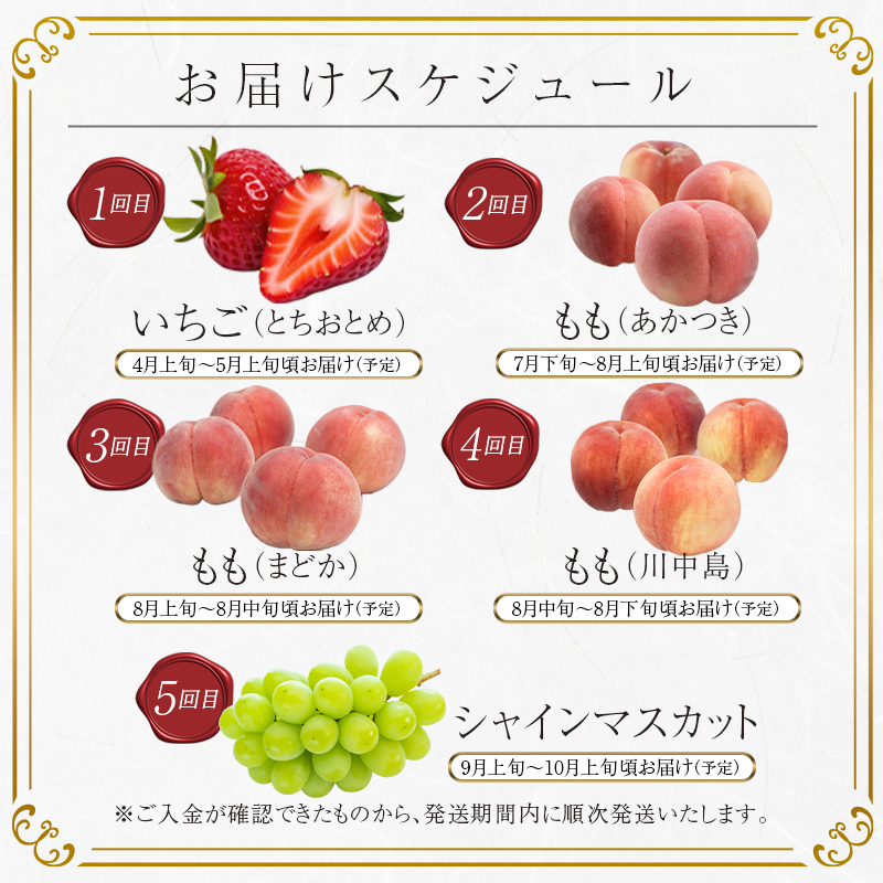＜2024年春から開始の定期便＞伊達なフルーツ定期便 （いちご・もも3種・ぶどう）果物 フルーツ 苺 イチゴ 桃 モモ 葡萄 ブドウ 福島県 伊達市  もも デザート 果物 くだもの 果実 食品 F2