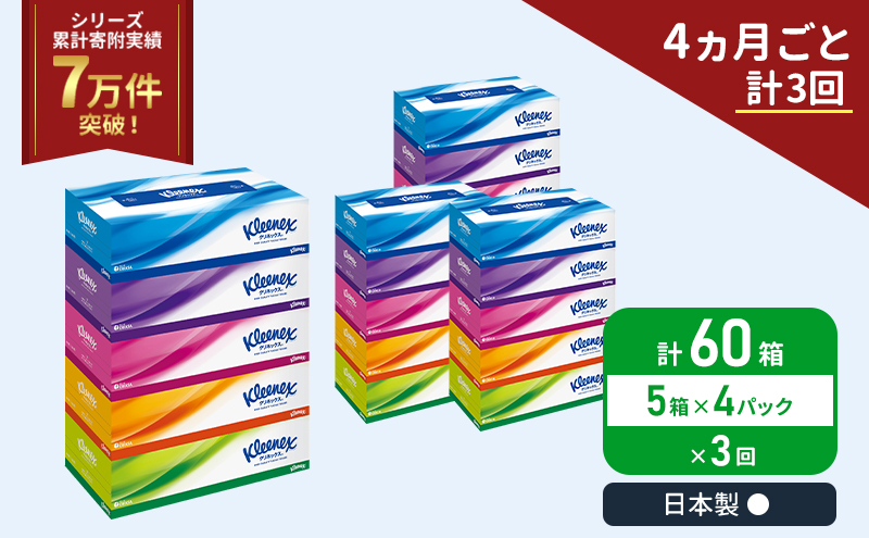 定期便 ティッシュ クリネックス ティシュー 5箱入×4パック《4ヶ月ごと計3回》 ティッシュペーパー セット 柔らかい 節約 日用品 日用雑貨 備蓄 備蓄用 防災 災害 ボックスティッシュ テッシュ ペーパー ローリングストック 宮城 岩沼市