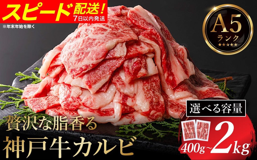 
                  神戸牛 焼肉用カルビ 量が選べる（400g・600g・800g・1kg・2kg）/ A5ランク 牛肉 焼肉 カルビ 肉 焼き肉カルビ 小分け 牛カルビ バラ ばら肉 焼き肉 密着包装 霜降り バーベキュー 冷凍 国産牛 ブランド牛 黒毛和牛 神戸ビーフ 化粧箱入り ギフト【帝神志方ミート】
                