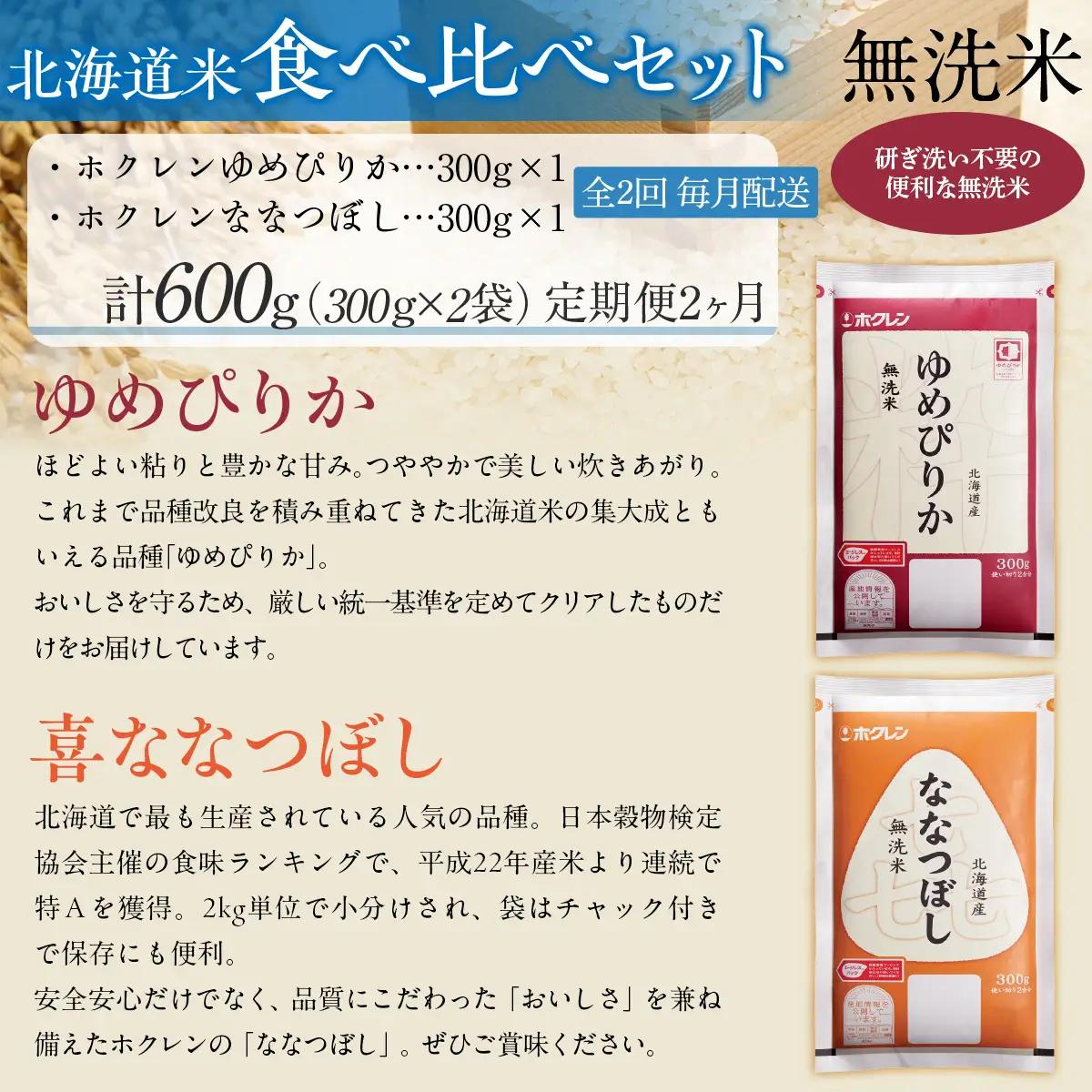 【２ヶ月定期配送】（無洗米６００ｇ）食べ比べセット（ゆめぴりか、ななつぼし） MKWAI159