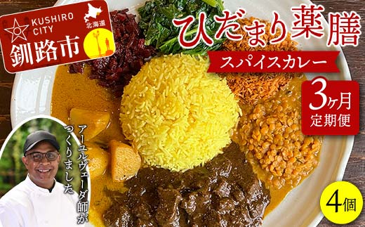 【期間限定！寄附額改定↓！】【3ヶ月連続定期便】ひだまり薬膳スパイスカレー 4個 冷凍 薬膳 スパイスカレー カレー スパイス デトックス 保存食 ジビエ 低糖質 ターメリックライス F4F-4366