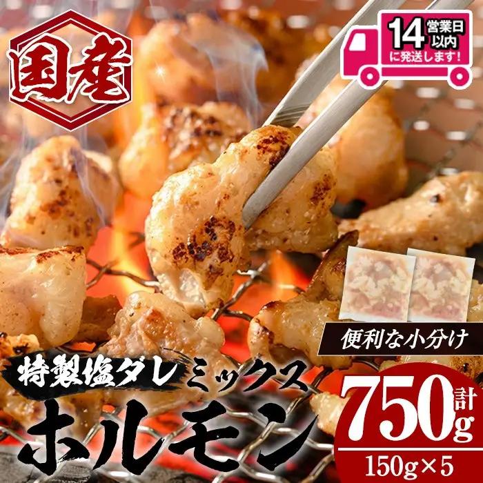 ＜14営業日以内発送！＞国産黒毛和牛ホルモンミックス 塩ダレ (計750g・150g×5)   国産 牛肉  ホルモン【肉のちょーさん】A1058