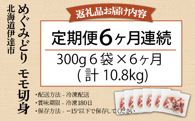 北海道産 定期便 6ヵ月 連続 6回 めぐみどり モモ 切身 300g 6袋 ×6ヶ月 計10.8kg 鶏もも 鶏モモ もも 鶏肉 チキン 銘柄鶏 肉 冷凍 小分け 便利 時短 唐揚 焼鳥 鍋 ソテー