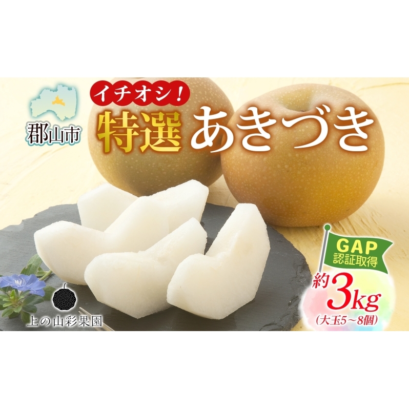 特選 あきづき 約3kg 大玉 5～8個 なし 梨 ナシ もぎたて 甘い 旬 果物 GAP 認証 産地直送 贈り物 贈答用 送料無料 上の山 彩果園 うえのやま さいかえん  福島県 郡山市