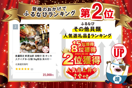 鮮度抜群 貝殻付 活 ホッキ 大サイズ 8～12個 3kg相当  貝の片方に予めナイフを入れ、剥きやすく食べやすい状態でお届け （ ほっき ホッキ 北寄 ほっき貝 ホッキ貝 北寄貝 海鮮 北海道 野付
