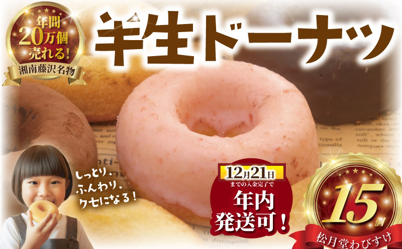年内発送 !  (12/21決済完了分まで) ドーナツ 半生ドーナツ 15個 湘南藤沢名物 お味おまかせ 菓子 お菓子 焼き菓子 スイーツ おやつ ケーキ DONUTS ドーナッツ どーなつ チョコ いちご きなこ 焼ドーナツ 人気 お取り寄せ 贈答 プレゼント ギフト 和菓子屋 独自製法 フワフワ 柔らかい 松月堂わびすけ 日持ち 神奈川 湘南 藤沢